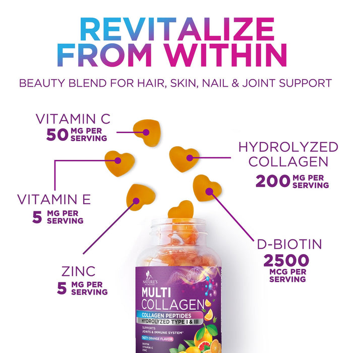 Collagen Gummies for Women with Vitamin C, Zinc & Biotin - Hydrolyzed Protein Type 1 & 3 Multi Collagen Peptides Supplement - Support for Hair, Skin, Nails & Joints, Gluten Free Complex - 60 Gummies