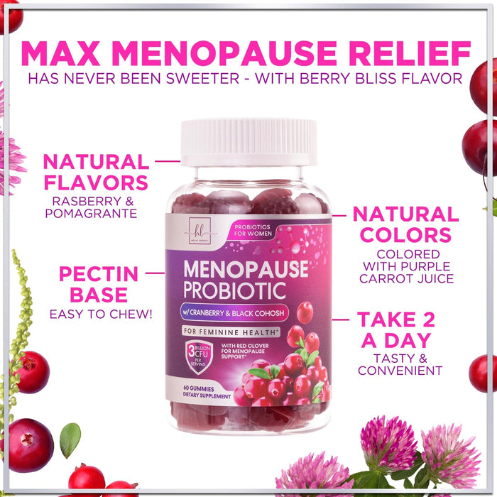 Menopause Supplements for Women Gummies with Black Cohosh, Cranberry 3 Billion CFU Probiotics - Complete Menopause Balance Relief for Hot Flashes, Night Sweats, PH, Vaginal Health Support - 60 Gummies