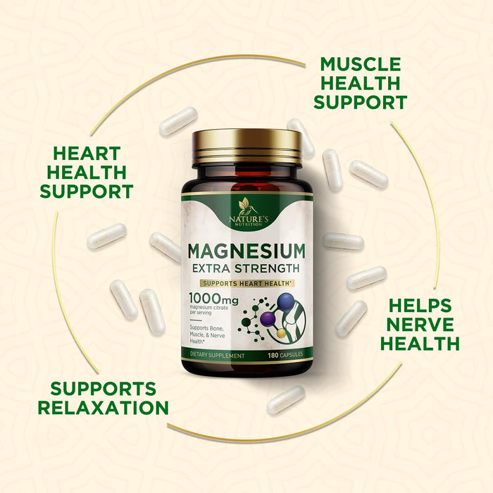 Magnesium Supplement (Citrate Oxide) 1000mg for Best Absorption, Supports Bone, Heart Health, Nerves, Muscles & Metabolism, Nature's Pure Magnesio Vitamin Pills, Bottled in USA, 180 Capsules