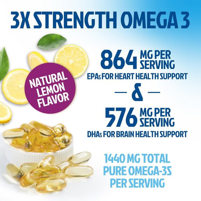 Omega 3 Fish Oil 2400 mg - Triple Strength Omega3, EPA & DHA Fatty Acids Supplement - Natural Support for Immune, Heart & Brain Health - Wild Caught, Non-GMO, Lemon Flavor, Burpless - 120 Softgels