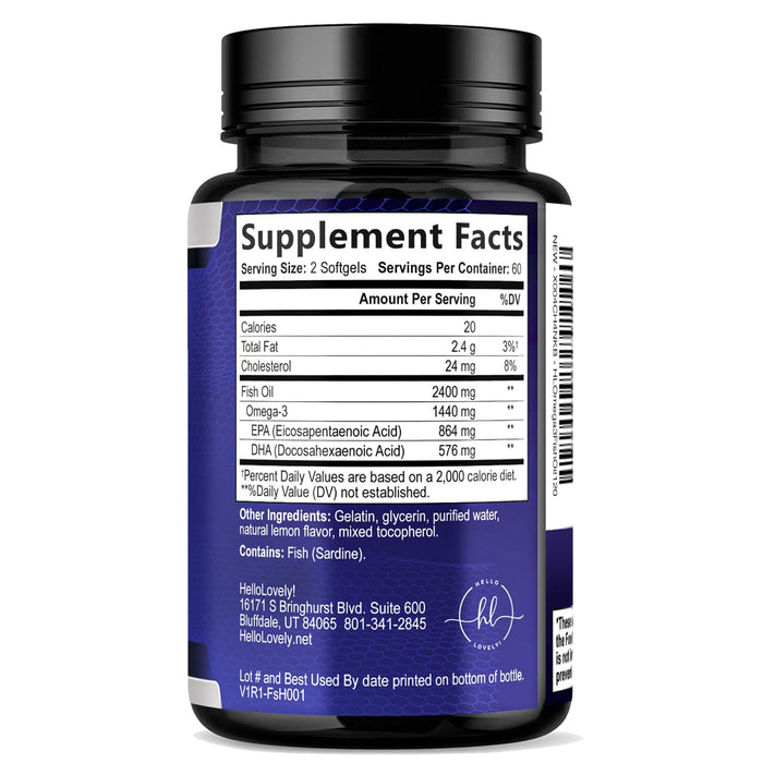 Omega 3 Fish Oil Supplements 2400mg - Triple Strength Omega 3 Fatty Acids, Natural Heart Health Brain & Joint Support - Fatty Acids with EPA & DHA - Wild Caught Fish Oil Supplement - 120 Softgels