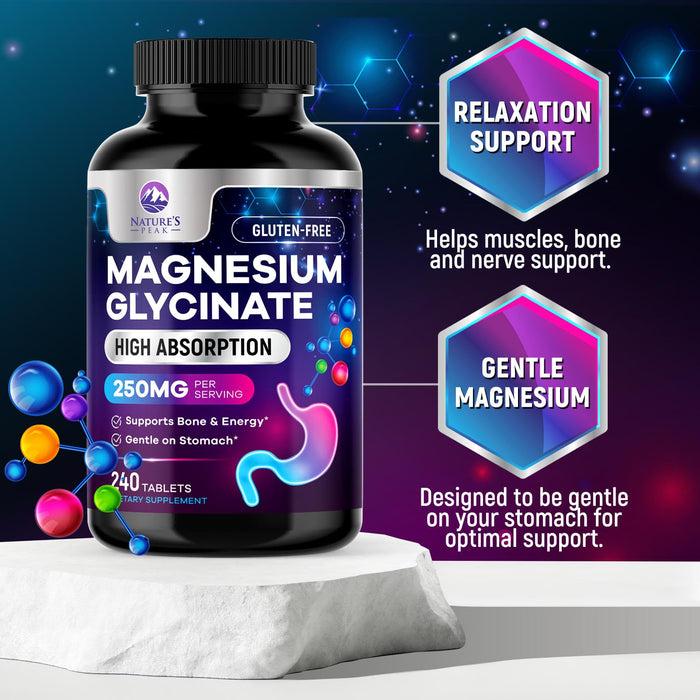 Magnesium Glycinate Chelated for Max Absorption - Supports Bone, Muscle, Nerves & Heart Health, Nature's Sleep and Stress Support, Best Magnesium Supplement Pills for Whole Body Support - 240 Tablets