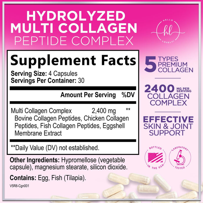 Multi Collagen Peptides Supplement - Hydrolyzed Types I, II, III, V & X Multi Collagen Pills, Hydrolyzed Collagen Peptides Supplements, Hair, Skin, Nail, and Joint Support Supplement, 120 Capsules