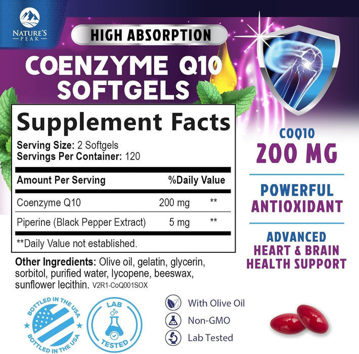 CoQ10 200mg - Ultra High Absorption Co Q 10 Softgel Supplement With Black Pepper, Energy & Heart Health Support Antioxidant - Coenzyme Q10 (Ubiquinone) for Women & Men, Bottled in USA - 240 Softgels