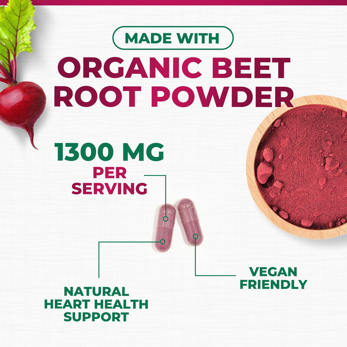 Beet Root Capsules 1300mg - Extra Strength Red Beetroot Powder Supplement â€“ Supports Nitric Oxide Production, Heart Health & Natural Energy â€“ Non-GMO, Vegan, Gluten Free â€“ 60 Veggie Capsules