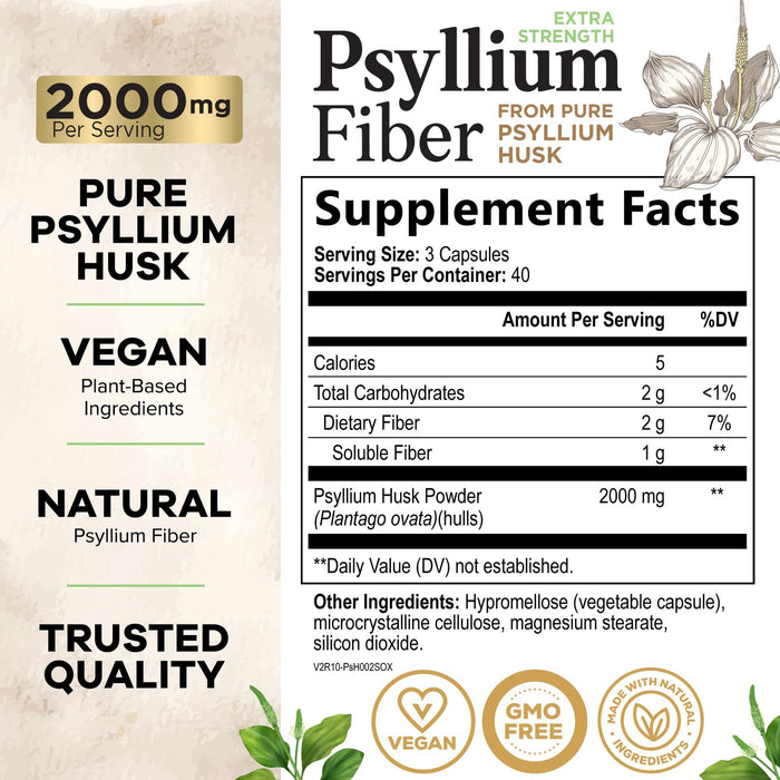 Psyllium Husk Fiber Caps 1500mg Supplement - Psyllium Husk Capsules Daily Support Digestive Health & Regularity, Nature's Plant Based Husks Natural Soluble Fiber Pills, Vegan, Non-GMO - 120 Capsules
