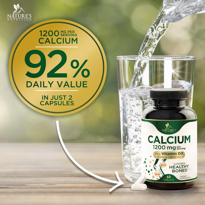 Calcium 1200 mg with Vitamin D3, Calcium Supplement Vitamins, Supports Bone Strength, Teeth & Immune System, Calcium Supplements for Women & Men, Nature's Absorbable Calcium Carbonate - 60 Tablets