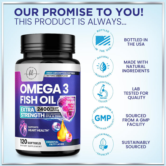 Omega 3 Fish Oil Supplements 2400mg - Triple Strength Omega 3 Fatty Acids, Natural Heart Health Brain & Joint Support - Fatty Acids with EPA & DHA - Wild Caught Fish Oil Supplement - 120 Softgels