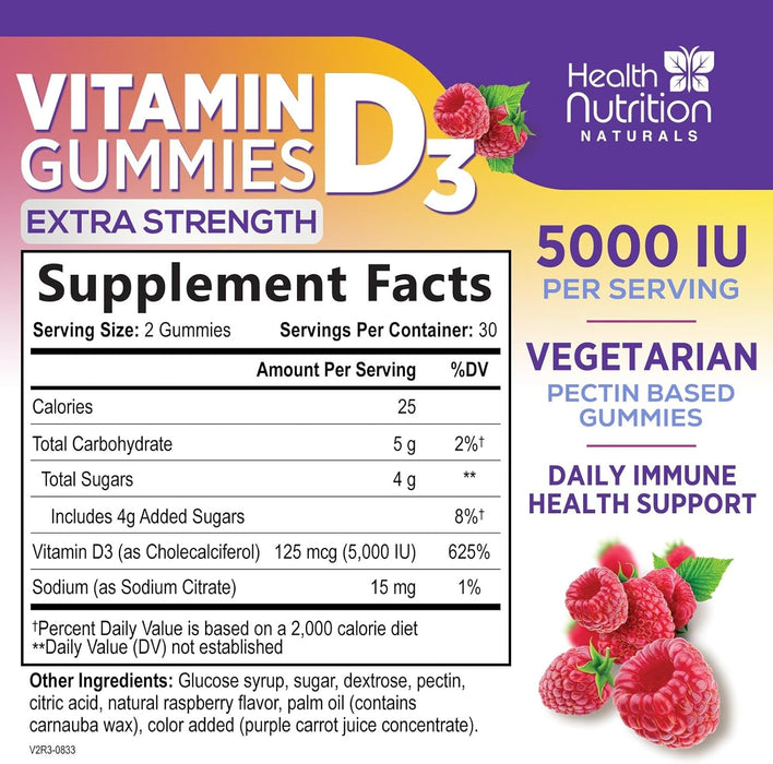 Vitamin D3 Gummies 5000 IU (125 mcg) - Extra Strength Immune Support, Bone, Teeth and Muscle Vitamin D Gummy Dietary Supplement, Nature's Berry D Vitamin Supplement, Raspberry, Non-GMO - 60 Gummies