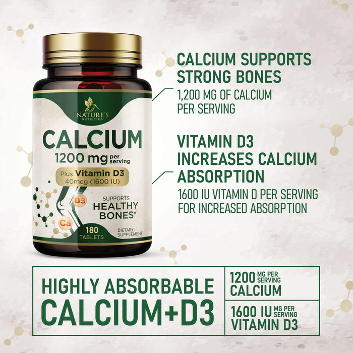Calcium 1200 mg with Vitamin D3, Calcium Supplement Vitamins, Supports Bone Strength, Teeth & Immune System, Calcium Supplements for Women & Men, Nature's Absorbable Calcium Carbonate - 180 Tablets