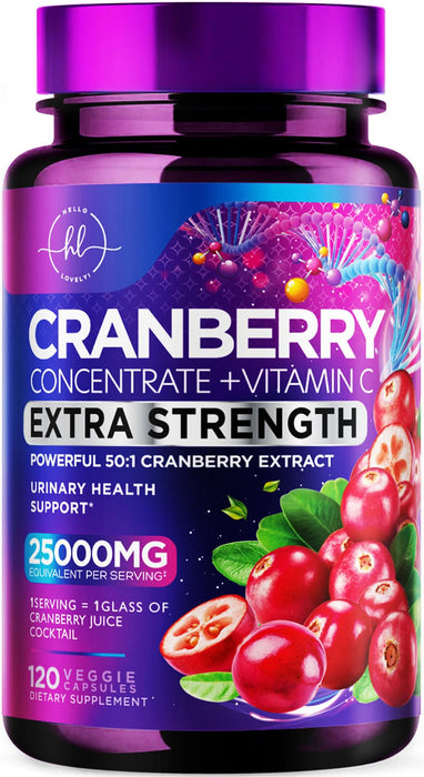 Cranberry Supplement 25,000mg Formula + Vitamin C â€“ Urinary Tract Health Support for Women & Men, 50:1 Whole Fruit Cranberry Extract Pills for Women, Sugar-Free, Non-GMO, Gluten-Free - 120 Capsules