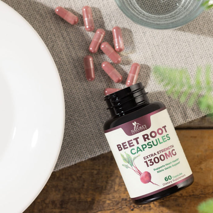 Beet Root Capsules 1300mg - Extra Strength Red Beetroot Powder Supplement â€“ Supports Nitric Oxide Production, Heart Health & Natural Energy â€“ Non-GMO, Vegan, Gluten Free â€“ 60 Veggie Capsules
