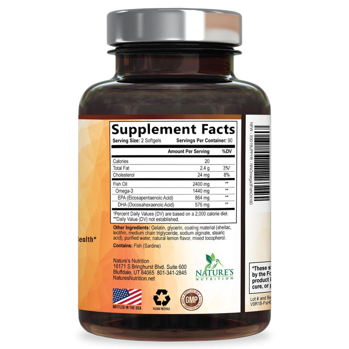 Omega 3 Fish Oil 2400 mg - Triple Strength EPA & DHA Fatty Acids for Heart, Brain & Joint Support Wild-Caught, Burpless, Lemon Flavor Supplement Natural, Non-GMO, Gluten-Free - 180 Softgels