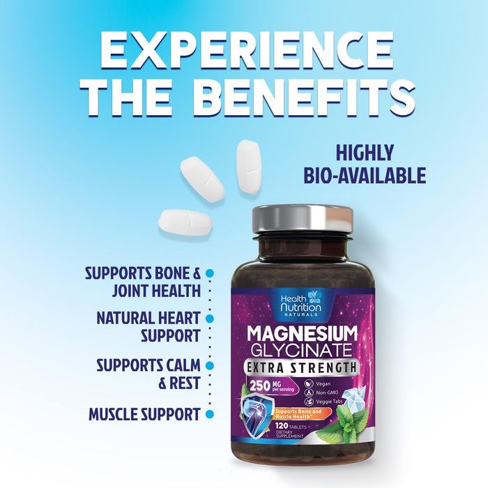 Magnesium Glycinate 250mg - 100% Chelated Magnesium for Max Absorption - Sleep Support, Muscle, Nerves, Bone & Heart Health Support, Best Mag Supplement, Vegan Non-GMO, 3rd Party Tested - 120 Tablets