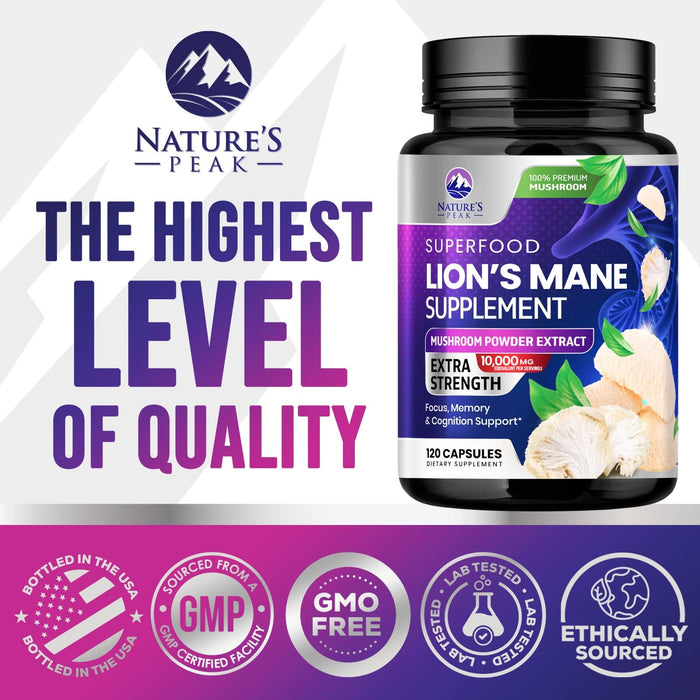 Lions Mane Mushroom Capsules 10,000mg - Lionâ€™s Mane Supplement Capsules for Memory and Focus Support, Brain, Immune Health Support, Vegan, Bottled in USA, Lions Mane Mushroom Powder Extract, 120 Count