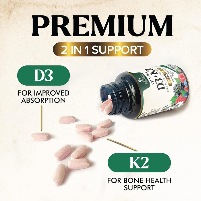 Vitamin D3 K2 Supplement | 5000 IU D3 + K2 100 mcg | MK-7 K2 with Vitamin D | Supports Immune, Heart, Teeth & Bone Health - Nature's Easy to Chew, VIT D3 K2, Non-GMO, Tasty Berry Flavor - 120 Tablets