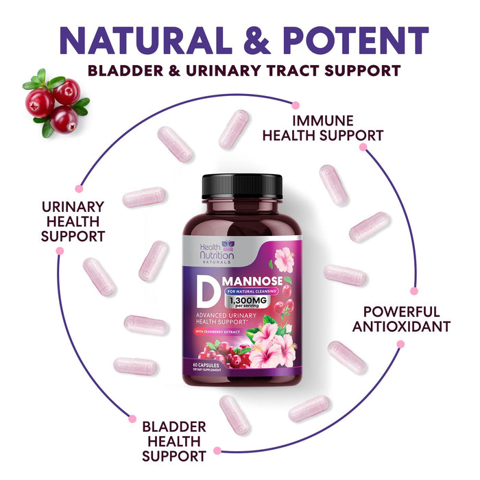 D-Mannose Supplement 1,000mg - with Cranberry, Hibiscus & Dandelion - Fast-Acting, Natural Urinary Tract & Bladder Support for Women & Men – Flush & Cleanse Impurities – Non-GMO, Vegan – 60 Capsules