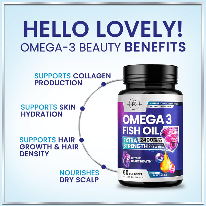 Omega 3 Fish Oil Supplements 2400mg - Triple Strength Omega 3 Fatty Acids, Natural Heart Health Brain & Joint Support - Fatty Acids with EPA & DHA - Wild Caught Fish Oil Supplement - 60 Softgels