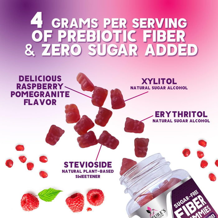 Prebiotic Fiber Gummies - Sugar Free 4g Gummy Fiber Supplement for Adults Digestive Health & Regularity Support - Natural Raspberry Flavor, Plant Based Blend, Non-GMO & Gluten Free - 60 Gummies