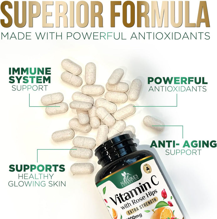 Vitamin C Chewable 1000mg - Extra Strength Antioxidants for Powerful Immune Support w/Vitamin C & Rose HIPS - Potent Dietary VIT C Chews Supplement, Natural, Vegan, Gluten-Free, Non-GMO - 60 Tablets