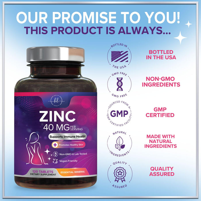Zinc Supplements for Women and Men - 40mg Supplement for Immune Support, Skin Health Support, & Antioxidant Supplement for Adults, High Potency Zinc Gluconate 40 mg, Non-GMO - 120 Tablets