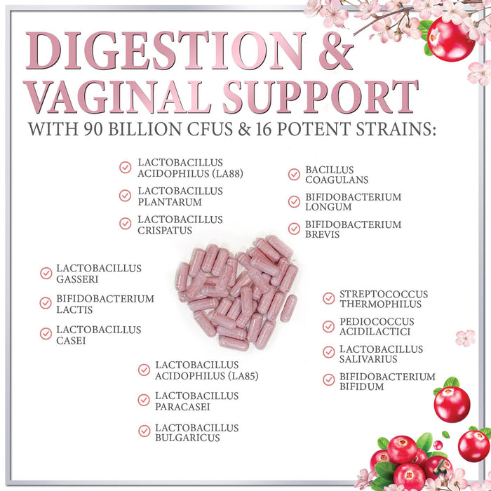 Probiotics for Women Supplement with Cranberry - 16 Premium Strains for PH Balance, Digestive Health, Vaginal & Immune Support, 90 Billion CFU, Women's Probiotic, UT, & Feminine Health - 60 Capsules