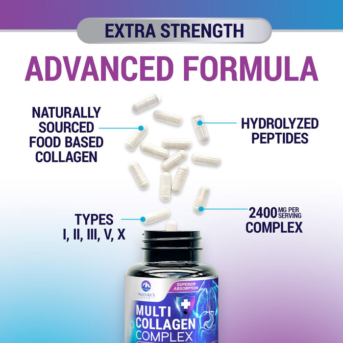 Multi Collagen Peptides Supplement for Hair, Nail, Skin - Type I, II, III, V, X, Collagen Powder Pills - Grass-Fed, Hydrolyzed for Bone and Joint Support for Women & Men, Non-GMO - 120 Capsules