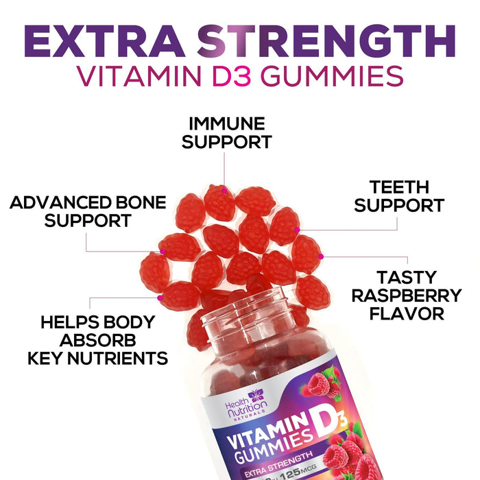 Vitamin D3 Gummies 5000 IU (125 mcg) - Extra Strength Immune Support, Bone, Teeth and Muscle Vitamin D Gummy Dietary Supplement, Nature's Berry D Vitamin Supplement, Raspberry, Non-GMO - 120 Gummies