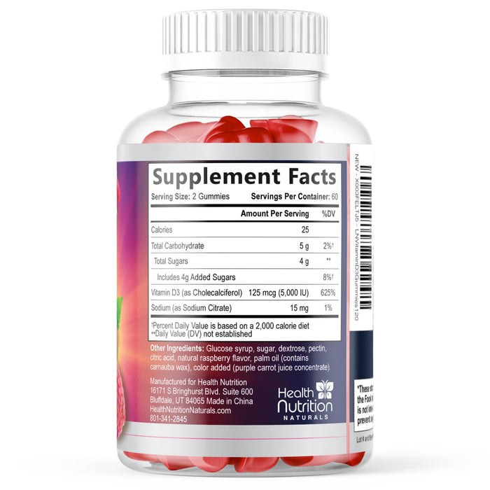 Vitamin D3 Gummies 5000 IU (125 mcg) - Extra Strength Immune Support, Bone, Teeth and Muscle Vitamin D Gummy Dietary Supplement, Nature's Berry D Vitamin Supplement, Raspberry, Non-GMO - 120 Gummies