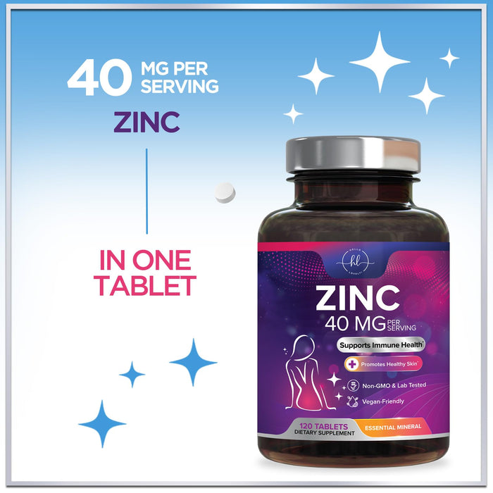 Zinc Supplements for Women and Men - 40mg Supplement for Immune Support, Skin Health Support, & Antioxidant Supplement for Adults, High Potency Zinc Gluconate 40 mg, Non-GMO - 120 Tablets