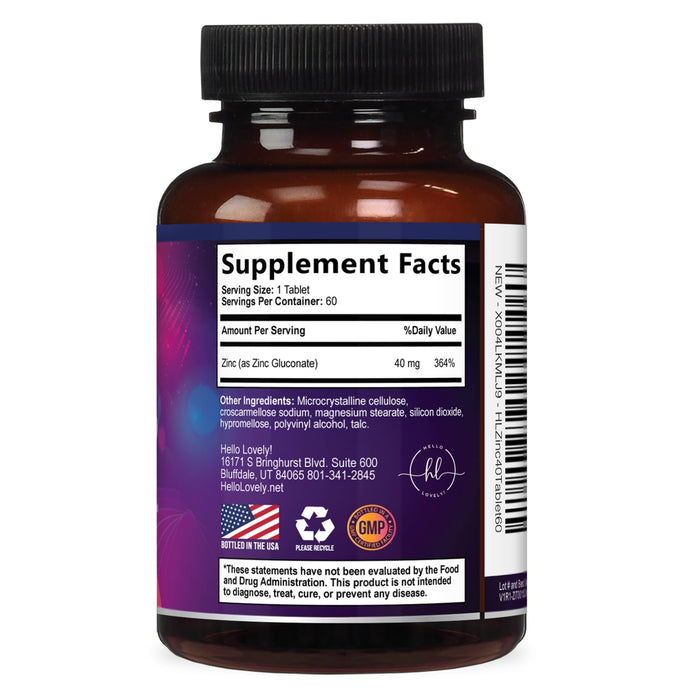 Zinc Supplements for Women and Men - 40mg Supplement for Immune Support, Skin Health Support, & Antioxidant Supplement for Adults, High Potency Zinc Gluconate 40 mg, Non-GMO - 60 Tablets