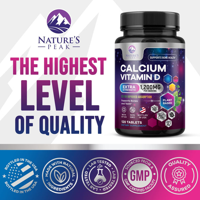 Calcium 1200 mg with Vitamin D3 (1600 IU), Calcium Supplement Vitamins, Bone, Teeth & Immune Health Support, Calcium Supplements with D for Women & Men, Nature's Absorbable Carbonate - 120 Tablets