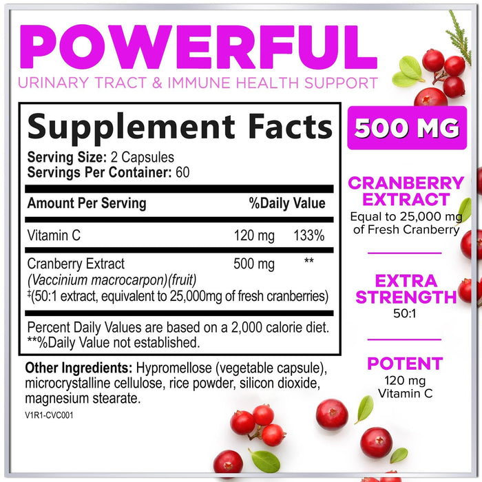 Cranberry Supplement 25,000mg Formula + Vitamin C â€“ Urinary Tract Health Support for Women & Men, 50:1 Whole Fruit Cranberry Extract Pills for Women, Sugar-Free, Non-GMO, Gluten-Free - 120 Capsules