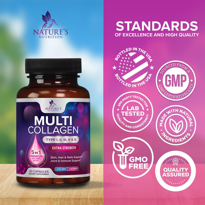 Multi Collagen Peptides Supplement - Hydrolyzed Types I, II, III, V & X Multi Collagen Pills, Hydrolyzed Collagen Peptides Supplements, Hair, Skin, Nail, and Joint Support Supplement, 60 Capsules