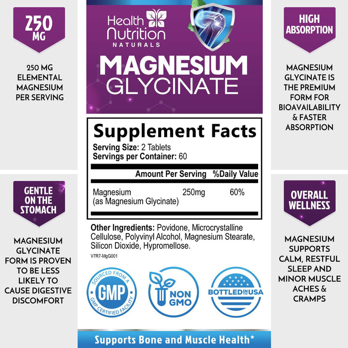 Magnesium Glycinate 250mg - 100% Chelated Magnesium for Max Absorption - Sleep Support, Muscle, Nerves, Bone & Heart Health Support, Best Mag Supplement, Vegan Non-GMO, 3rd Party Tested - 120 Tablets