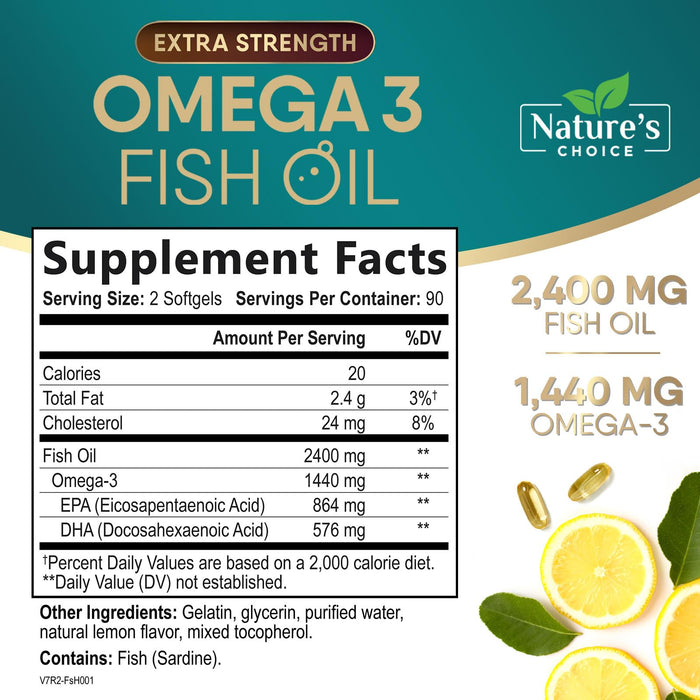Omega 3 Fish Oil Supplement 2400 mg - Triple Strength EPA & DHA Fish Oil Omega 3, Essential Fatty Acids Supplement Softgels, Brain & Heart Health Support Supplements, Gluten Free Non-GMO, 180 Softgels