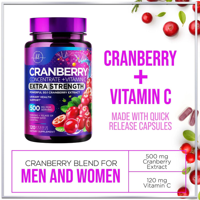 Cranberry Supplement 25,000mg Formula + Vitamin C – Urinary Tract Health Support for Women & Men, 50:1 Whole Fruit Cranberry Extract Pills for Women, Sugar-Free, Non-GMO, Gluten-Free - 120 Capsules