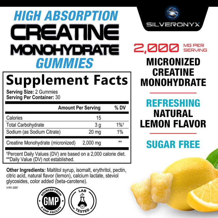Creatine Monohydrate Gummies 2000mg - Best Micronized, Sugar Free Creatine Chewables for Men & Women - Supports Lean Muscle, Strength, Energy, & Endurance - Non-GMO, Gluten Free - 60 Lemon Gummies