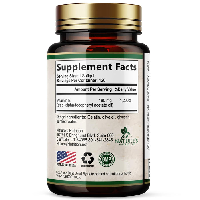 Vitamin E 400 IU Softgels (180mg DL-Alpha) for Women & Men, Supplement for Max Absorption, Nature's Antioxidant for Skin, Heart, Eye, and Immune Health Support, Dairy, Gluten & Soy Free, 120 Softgels