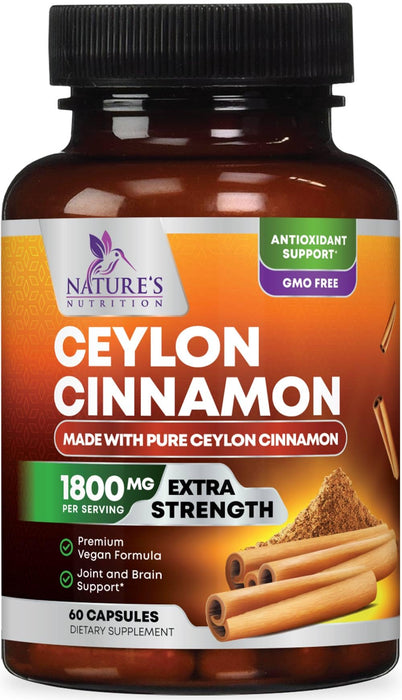 Organic Ceylon Cinnamon Supplement 1800mg - Certified Organic Ceylon Cinnamon Powder Pills - Energy & Heart Support for Women & Men, Bottled in USA, Antioxidant, Gluten Free, Non-GMO - 60 Capsules