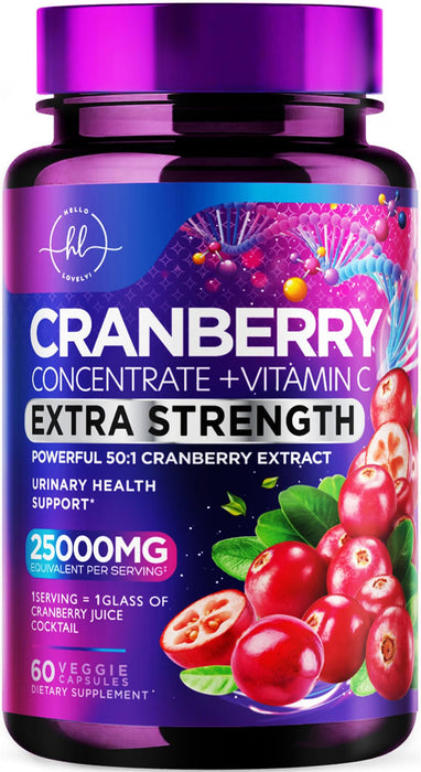 Cranberry Supplement 25,000mg Formula + Vitamin C â€“ Urinary Tract Health Support for Women & Men, 50:1 Whole Fruit Cranberry Extract Pills for Women, Sugar-Free, Non-GMO, Gluten-Free - 60 Capsules