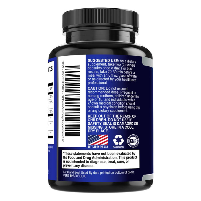 Brain Memory Supplement Pills - Nootropics Support for Concentration, Clarity, Alertness & Focus - Brain Health with Bacopa, Cognitive Vitamins, Phosphatidylserine, DMAE - Brain Booster - 120 Capsules