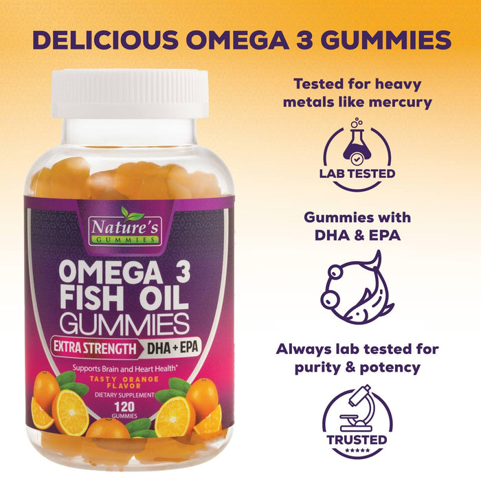 Omega 3 Fish Oil Gummies, Heart Healthy Omega 3 Gummy Supplement with High Absorption DHA & EPA, Extra Strength Joint & Brain Support, Delicious Orange Flavor Fish Oil Nature's Vitamin - 120 Gummies