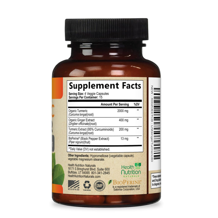 Turmeric Curcumin Supplement 2600mg - with Organic Ginger & Turmeric, 95% Curcuminoids, BioPerine Black Pepper for Best Absorption, Nature's Vegan Joint Support, Non-GMO, Bottled in USA - 60 Capsules