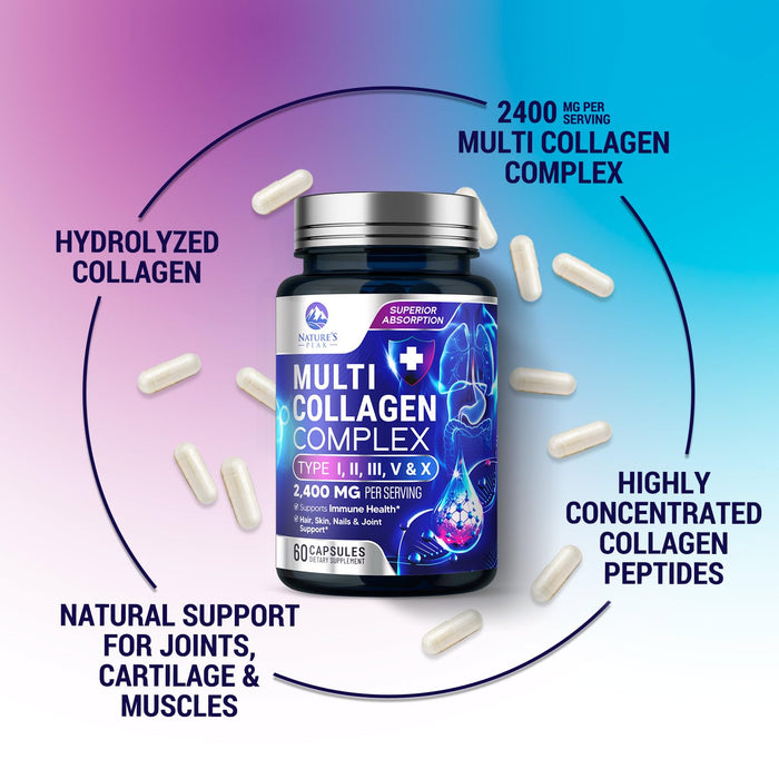 Multi Collagen Peptides Supplement for Hair, Nail, Skin - Type I, II, III, V, X, Collagen Powder Pills - Grass-Fed, Hydrolyzed for Bone and Joint Support for Women & Men, Non-GMO - 60 Capsules
