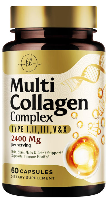 Multi Collagen Peptides for Women â€“ 2400mg Best Hydrolyzed Collagen Complex with 5 Types (I, II, III, V, X) - Grass Fed â€“ Hair, Skin, Nail, Bone & Joint Support for Beauty & Wellness â€“ 60 Capsules