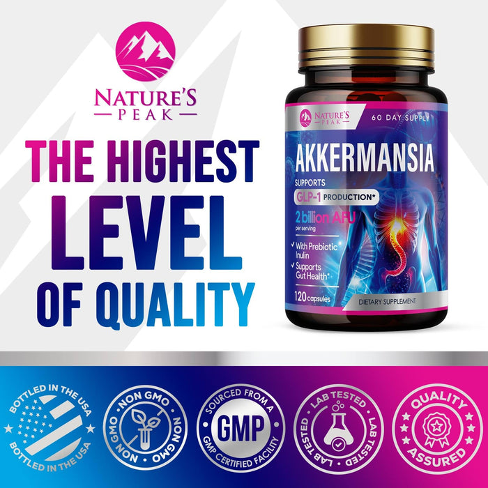 Akkermansia Probiotic Supplement - 2 Billion AFU GLP-1 Supplement with Prebiotic Fiber - Akkermansia Muciniphila GLP-1 Probiotics for Women & Men - Digestive, Gut & Immune Support - 120 Capsules