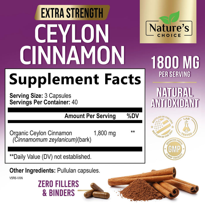 Ceylon Cinnamon Capsules 1800mg - Certified Organic Cinnamon, Bottled in USA, & Pure Extra Strength Ceylon Cinnamon Supplement, Antioxidant Pills, Non-GMO & Gluten Free, Sugar Free - 120 Capsules