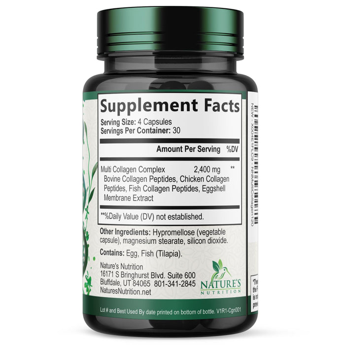 Multi Collagen Peptides Supplement 2400 mg, Types I, II, III, V & X Multi Collagen Pills Complex, Hydrolyzed Collagen Peptides Supplements, Hair, Skin, Nail, and Joint Support Supplement, 120 Capsules