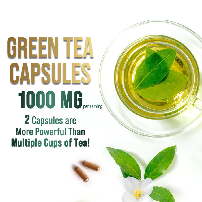 Green Tea Extract Capsules 1000mg with 98% Standardized Polyphenols & 45% EGCG for Heart Support with Antioxidants - 3X Absorption Green Tea Pills for Natural Energy, Gentle Caffeine - 240 Capsules